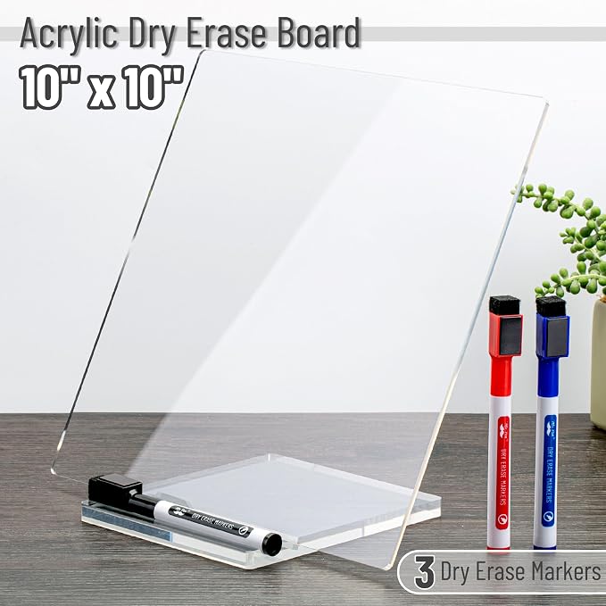 Mr. Pen- Clear Acrylic Dry Erase Board with Stand, 10x10 Inches | Reusable Desk Whiteboard with 3 Markers, Portable Dry Erase Board for Notes and Reminders, Desk Whiteboard for Office