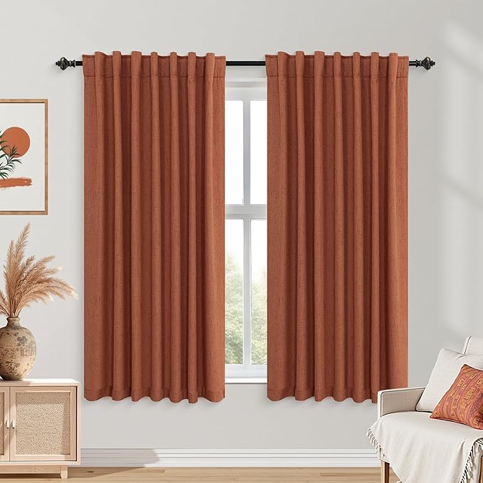 KOUFALL Fall Curtains for Kitchen Window Over Sink,Terracotta Rust Short Blackout Linen Boho Farmhouse Retro Vintage Curtains for Bedroom 45 Inches Long