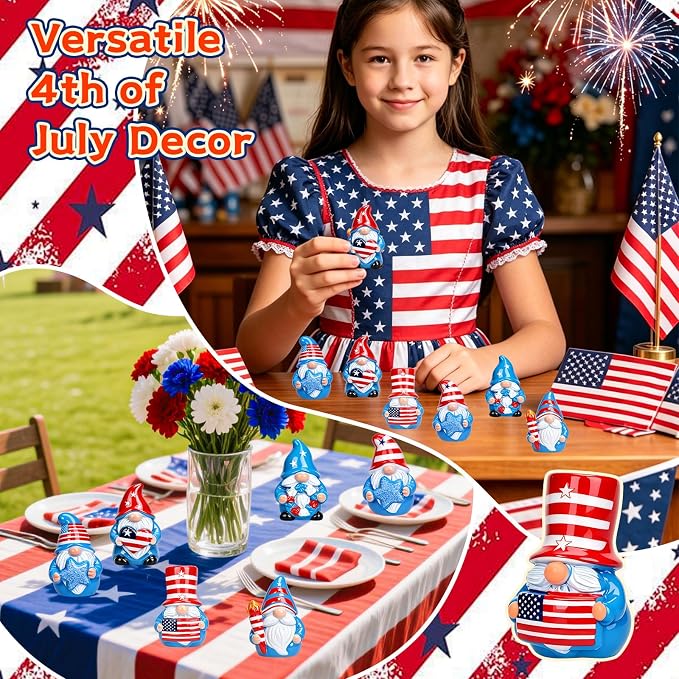 60 Pcs Patriotic Mini Resin Gnomes 6 Style 4th of July Tiny Gnomes Figures to Hide Independence Day Miniature Decor for DIY Craft Projects Party Favors and Desk Decor
