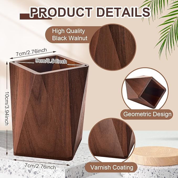 2 Pcs Wood Pen Pencil Holder Geometric Pencil Cup Stand Makeup Organizer for Pen Holder Desk Home Office Adults(Black Walnut)