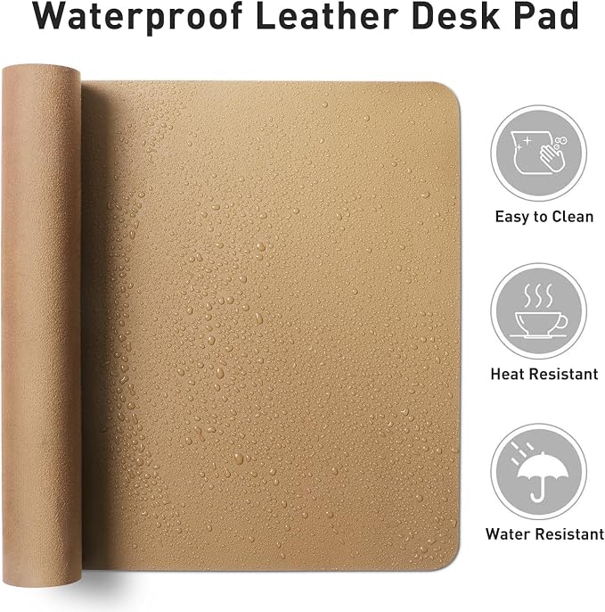 Aothia Faux Leather Desk Mat for Keyboard & Mouse (Khaki, 36" x 17") | Large desk mat for keyboard, mouse and laptop, creating a clean, organized workspace for work, study and everyday use