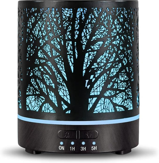 Essential Oil Diffuser Aromatherapy Diffuser -300ml Metal Electric Ultrasonic Oil Diffuser for Large Room with Auto Shut-Off Protection, 4 Timer Setting &7 Colors Night Light for Home (Tree-300ML)