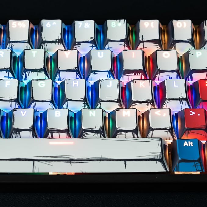 Retro Anime PBT Keycaps-Cherry Keycaps, Custom Keyboard Key caps 60 65 75 100 Percent, 5 Side Dye Sublimation 128 Keys Set for Cherry Gateron MX Switches Keyboards, White (Shine Through Manga)