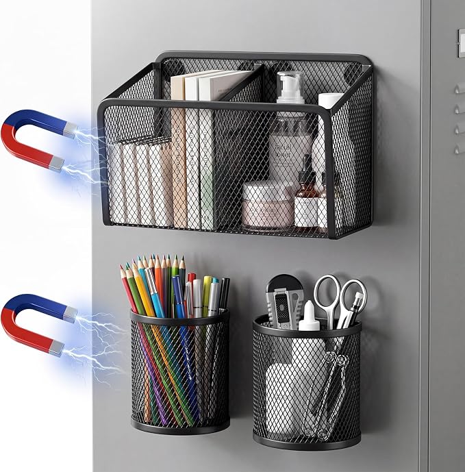 Marspark 3 Pcs Magnetic Pen Holder Set Metal Pencil Holder with Strong Magnets Wire Mesh Storage Basket Organizer for Locker Accessories Whiteboard Refrigerator School Office Dorm (Black)
