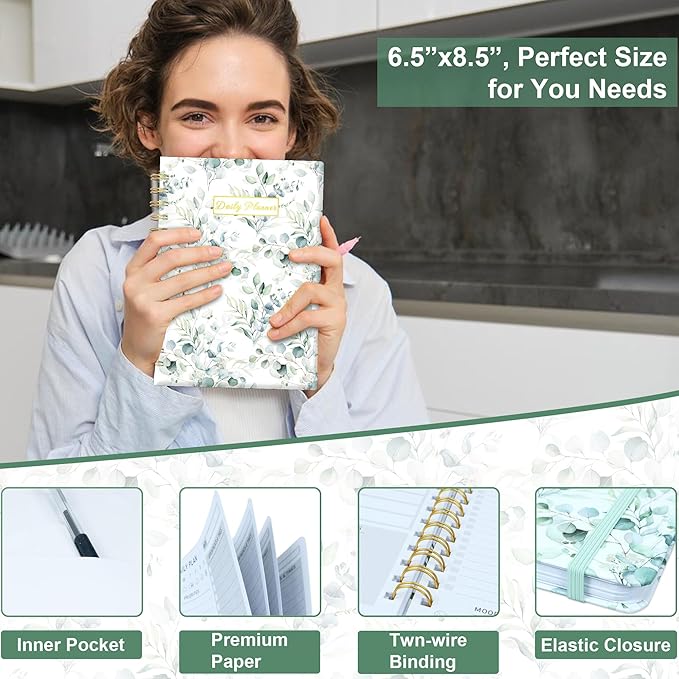 Daily Planner Undated - 6.5"x8.5" To Do List Notebook Spiral Appointment Planner to Organize Tasks & Boost Productivity, Perfect Office & School Supplies for Women & Men, Greenery