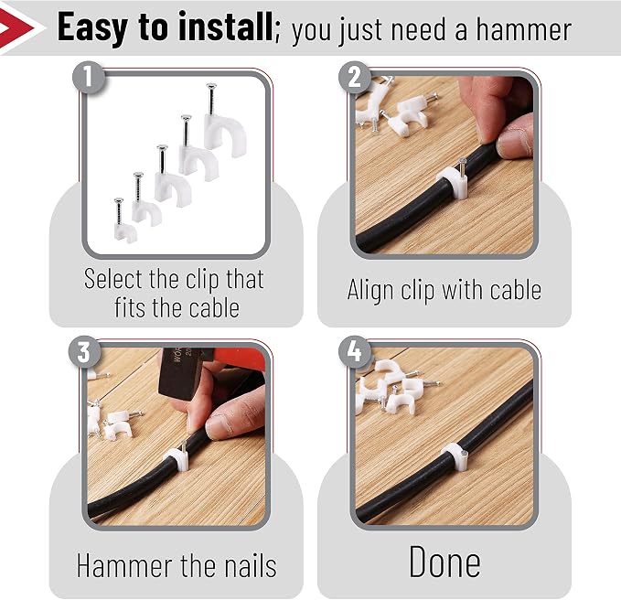 Bates Cable Clips with Steel Nails - White, 360 pcs, 4mm-10mm, Universal Cable Clips