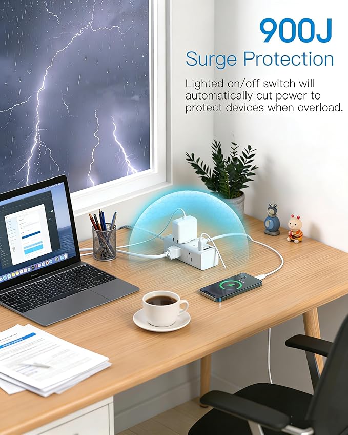 Flat Plug Extension Cord 20Ft, One Beat 900J Surge Protector Power Strip 20 Ft Cord with 6 Widely Outlets 4 USB Ports (2 USB C), Wall Outlet Extender Extension Cord for College Dorm Room Home Office