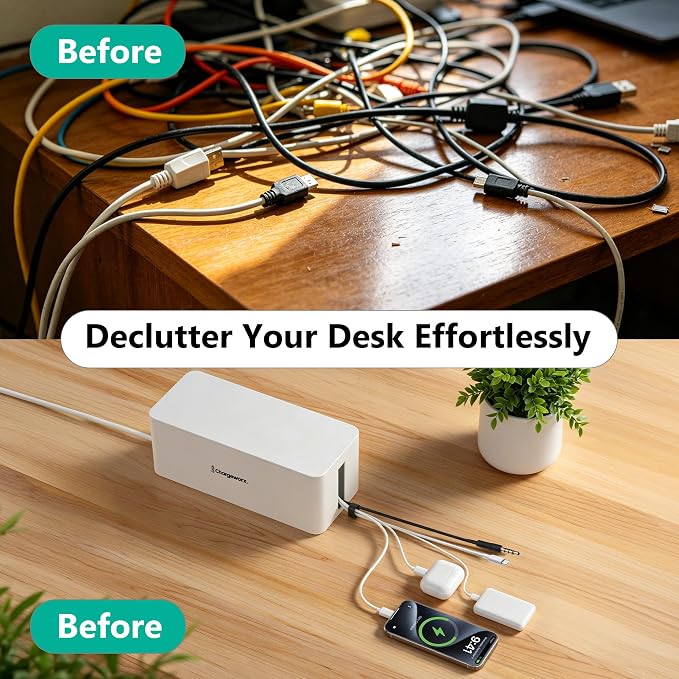 Cable Management Box, Extension Cord Hider, Power Strip Box, White, 2 Pack | Wire Organizers for Cords, Floor Cable Concealer, Heat Resistant, Vented, Cord Hider Box, Power Strip Cover Box