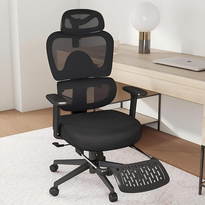 Ergonomic Office Chair with Footrest – Adjustable Lumbar Support, 3D Armrests & Headrest, Wide-Seat High-Back Mesh Computer Chair with Casters, Suitable for Home & Office, Black