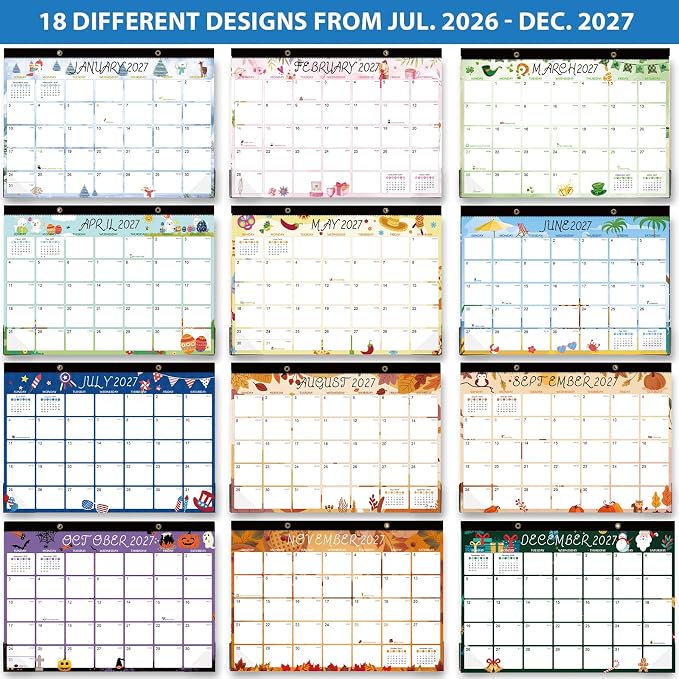 Desk Calendar 2026-2027 - 18 Month Desk Calendar july 2026-2027 Dec, 17" x 12", Large Monthly Desktop Calendar with Daily Blocks, Plastic Cover, Corner Protectors - (2 Stickers Included)
