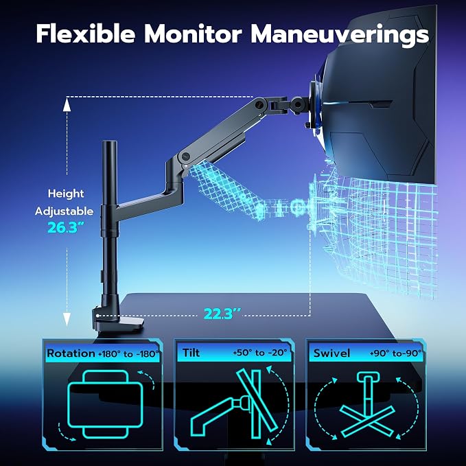 Single Monitor Arm Desk Mount for 17-49 Inch Monitors, Black | Heavy Duty Monitor Mount Stacked Monitor Arm Desk Holds 44 lbs