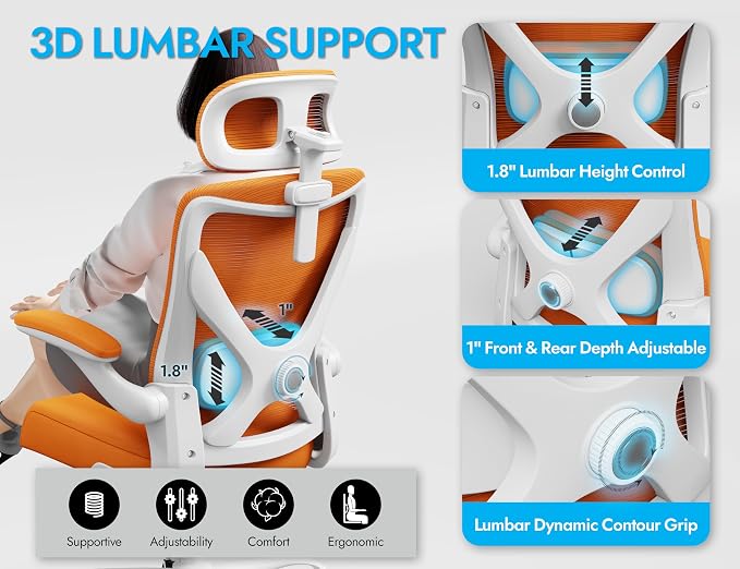 Ergonomic Office Chair: Mesh Desk Chair Comfy with Headrest& Lumbar Support | Ergalithic Big and Tall Office Chairs with Wheels & Flip-Up Arms-Computer Gaming Chairs for Adults Home Office(Orange)