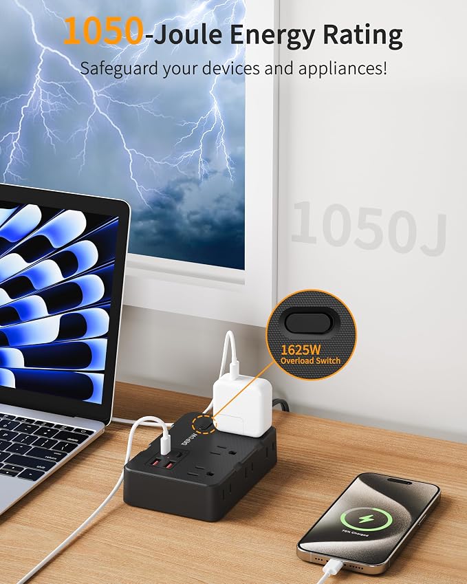 DEPOW 2 Prong to 3 Prong Adapter Power Strip, 5FT Black Extension Cord with 6 Outlets & 4 USB Ports (2 USB-C), 1050J Two Prong Surge Protector, Wall Mount - Ideal for Old Houses