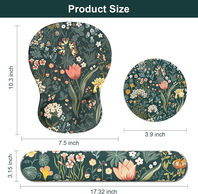 Ergonomic Mouse Pad with Wrist Rest and Keyboard Wrist Rest, Gel Mousepad and Wrist Rest for Computer Keyboard, Pain Relief, Non-Slip PU Base, Mouse Pad Wrist Support for Gaming, Office, Green Flower