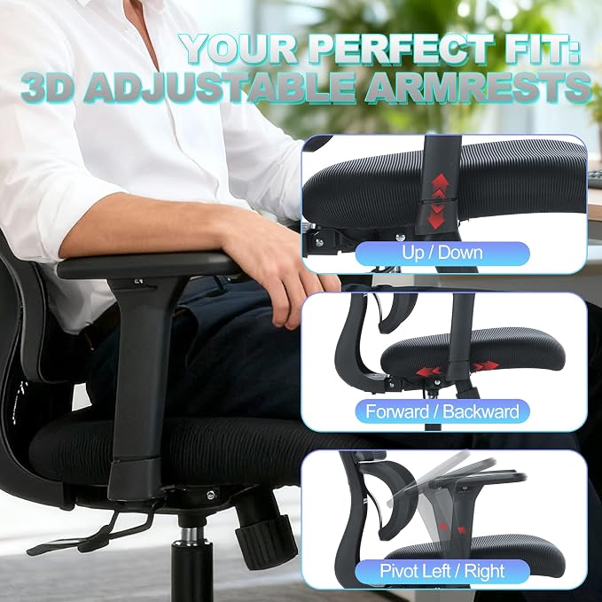 MALOL Ergonomic Office Chair with Adjustable Headrest & 3D Armrests, High Back Mesh Desk Chair with Lumbar Support, Reclining Lock 97°-125°, Swivel Computer Task Chair for Home Office, 300 LBS