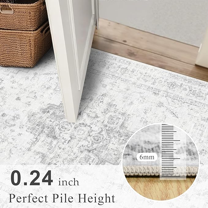 2.6x8 Gray Vintage Runner Rug Hallway Washable Area Rugs Non Slip Boho Medallion Long Rug Distressed Retro Carpet Floral Soft Low Pile Indoor Throw Rug for Kitchen Bedroom Bathroom Dining Room Office