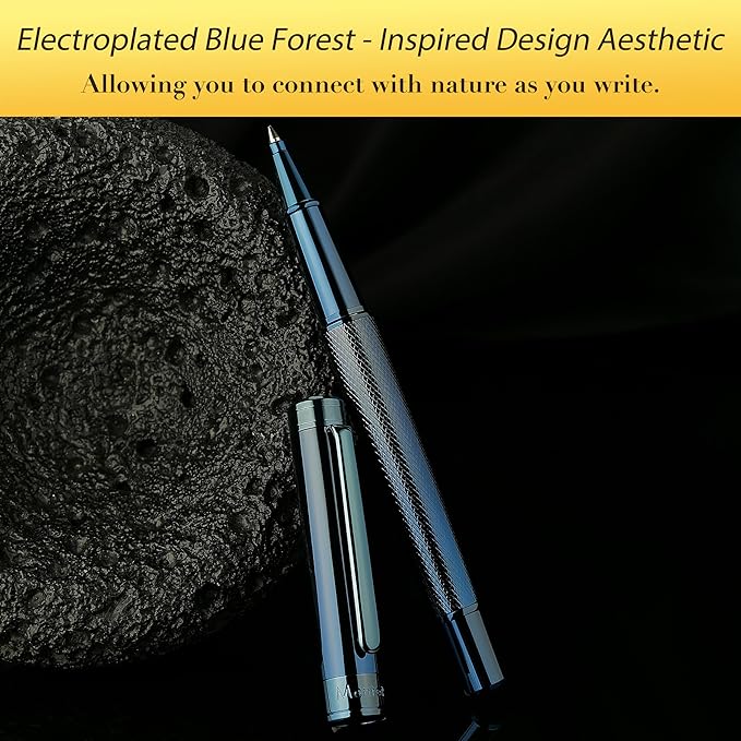 Electroplated Blue Rollerball Pen, Stunning Luxury Pen with Mesh Texture Design、Schmidt Ink Refill, Nice Gift Set for Men & Women, Business, Executive, Office, Fancy, Nice Fancy Designer Pens