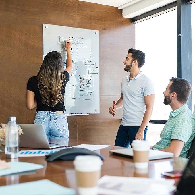 SCRIBBLEDO Glass Whiteboard 46 x 34 inch (4' x 3') Glass Dry Erase Board for Wall Frameless Large Office Wall Mount Frosted White Board for Work Home and School with Tray Included