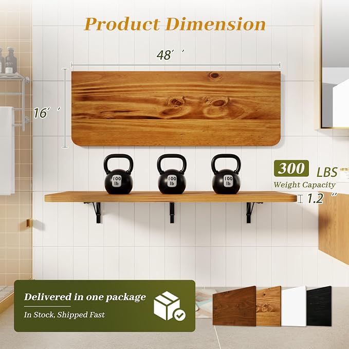 Dogsky Floating Wall Desk, 48" x 16" Wall Mounted Folding Table, Pine Wood Fold Down Wall Table, 300 lb Capacity Wall Mount Desk for Small Apartment, Laundry Room,Kitchen,Bar & Computer,Burning Yellow