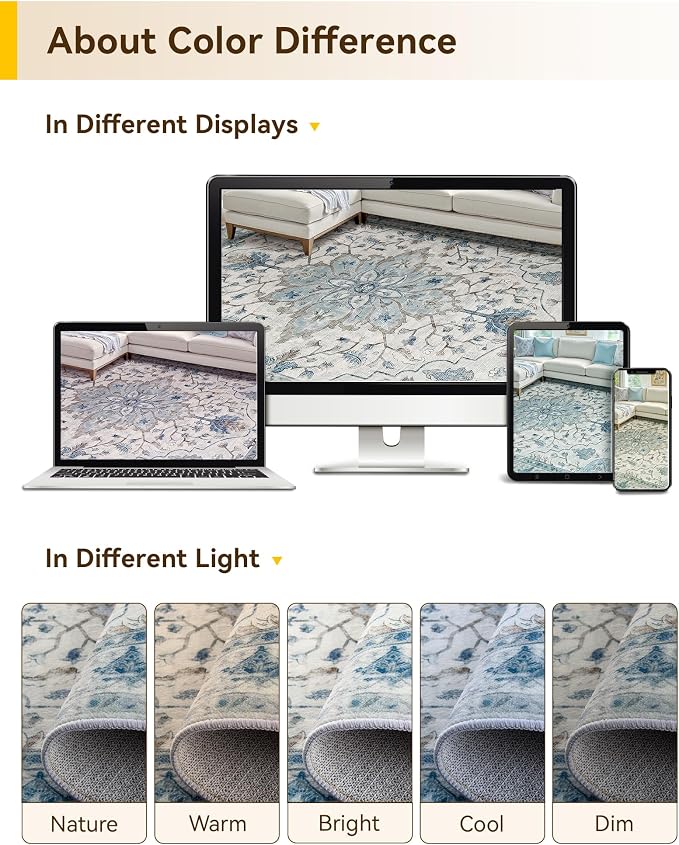 RELEANY Area Rugs Large 10'x12' Washable Non-Slip, Floral Vintage Distress Medallion Carpet for Living Room Bedroom Dining Room, Light Blue Navy Gray White