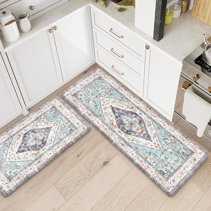 Anti Fatigue Mats for Kitchen Floor Set of 2, Waterproof Non-Skip Kitchen Rugs,Ergonomic Kitchen Floor Mats Cushioned,Comfort Foam Standing Mat for Office,Laundry Room,Sink,Counter, Desk(Blue)
