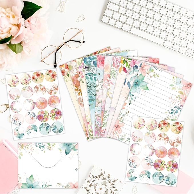 FUNCLASS 160 Pcs Stationery Set Letter and Envelopes – 50 Lined Stationery Paper and 50 Matching Envelopes, 5.5 x 8.25 Inches Letter Writing Stationery for Home, Office, School (Floral)