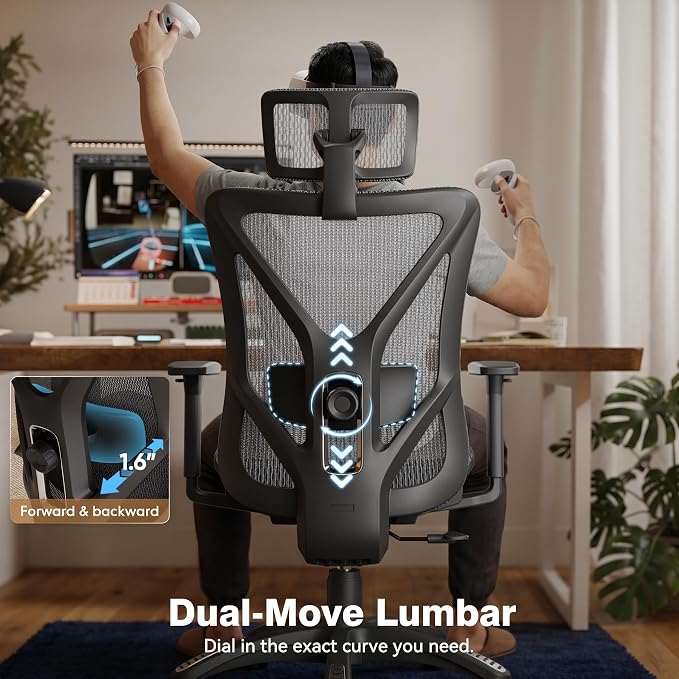 ELABEST T23 Ergonomic Mesh Office Chair, High Back Computer Desk Chair, Breathable AirMesh with Dual-Move Lumbar Support, 3D Armrests & Headrest, Tilt Lock,Big and Tall for Home Office(Graphite)