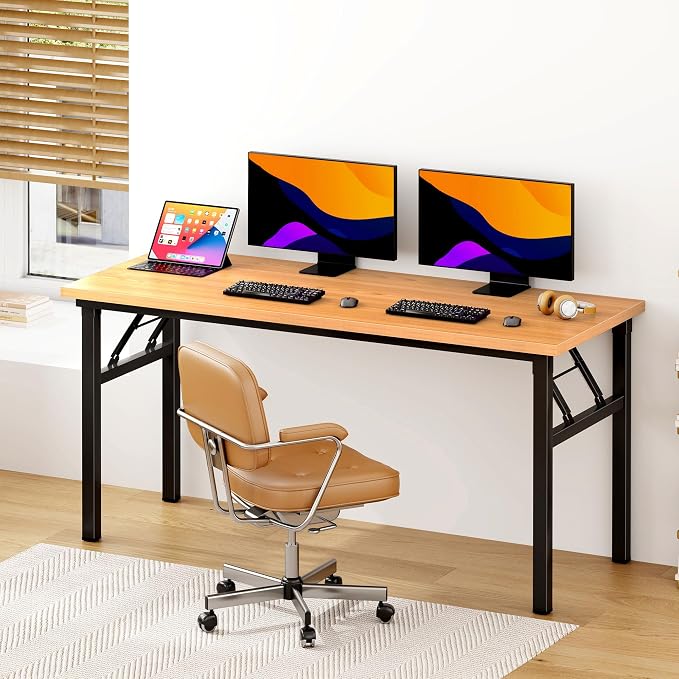 sogesfurniture 62 inches Foldable Computer Desk, No Assembly Sturdy Large Laptop Workstation for Home Office, Modern Portable Folding Study Table Writing Gaming Desk for Small Spaces, Teak Black