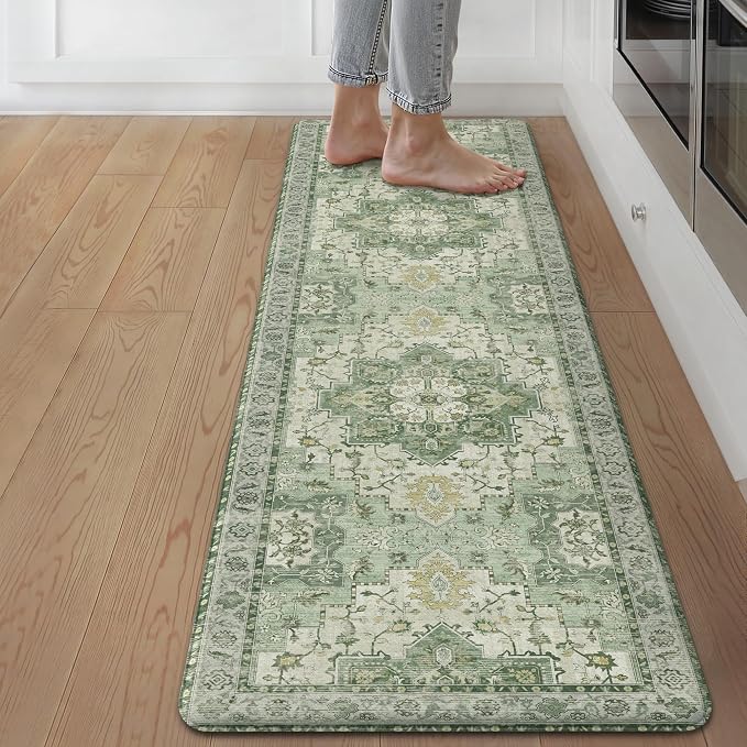 GENIMO Kitchen Mats for Floor, Washable Anti Fatigue Mat for Cushioned, 17.3"x59", Waterproof Kitchen Rugs, Non Slip Foam Comfort Standing Mat Rug for Home, Runner, Sink, Laundry, Light Green