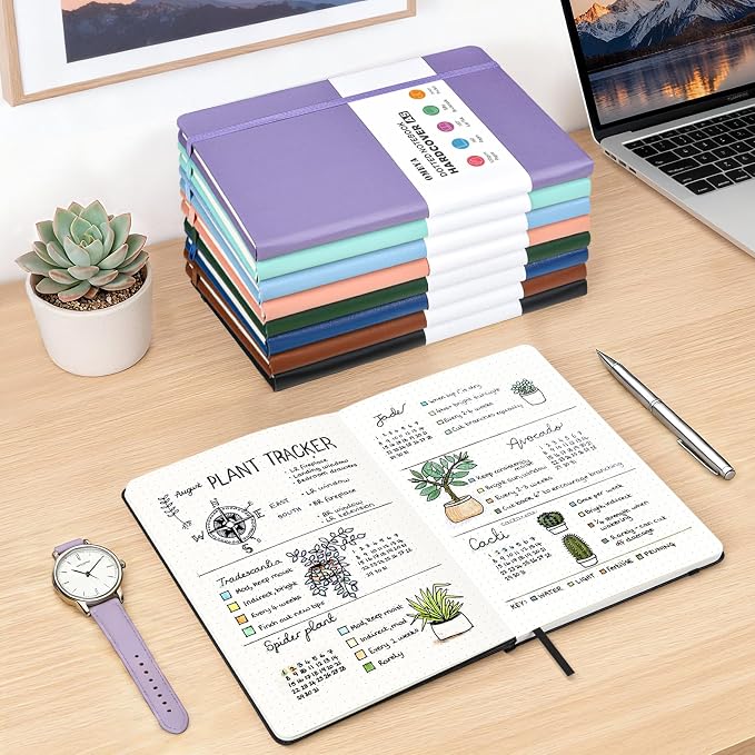OMEYA Bullet Dotted Journal Notebook 8 Pack: 160 Pages Per Pack, A5 Medium Size(5.75" × 8.38"), 120 GSM Thick Paper, Leather Dotted Notebook, Hardcover Dot Grid Notebook, Dot Journal for Wrting, Gift