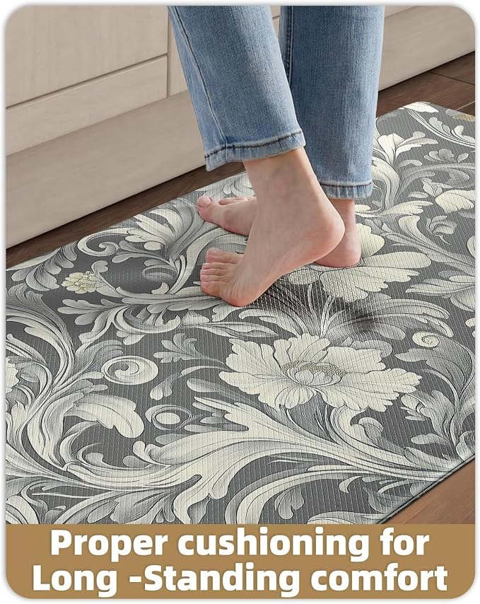 Color&Geometry Floral Kitchen Floor Mat 24x87 Anti Fatigue Easy Clean,Grey | 0.4in Thick Cushioned Standing Mat For Cooking/Working/Laundry, Flower Home Decor, Non Slip PVC Kitchen Rug, Oil/Water Proof