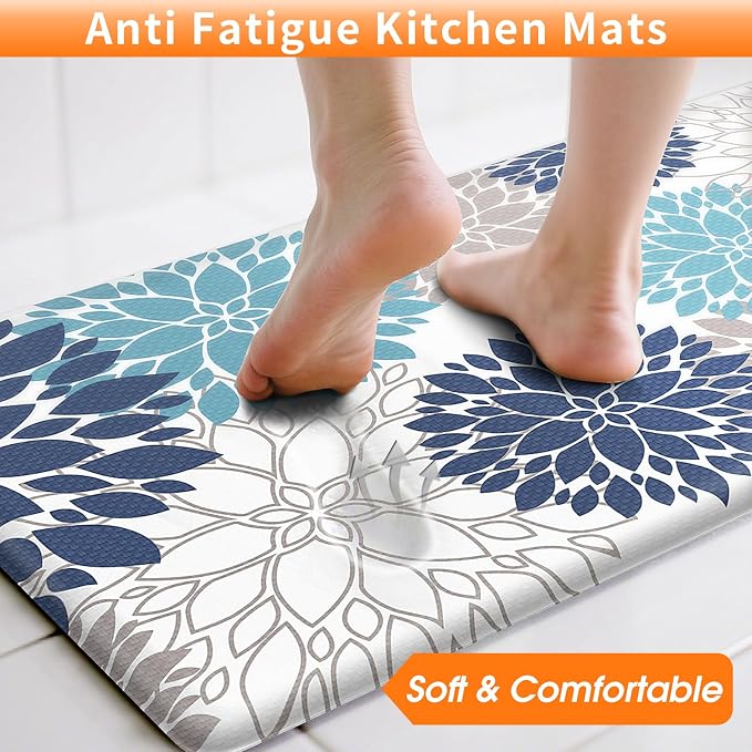 StepLively Kitchen Mats for Floor, 0.47" Anti Fatigue Mats for Floor, Kitchen Decor and Accessories Non Slip Washable Mats Set of 2 for Sink, Laundry, 17.3"×30"+17.3"×59", Blue and White