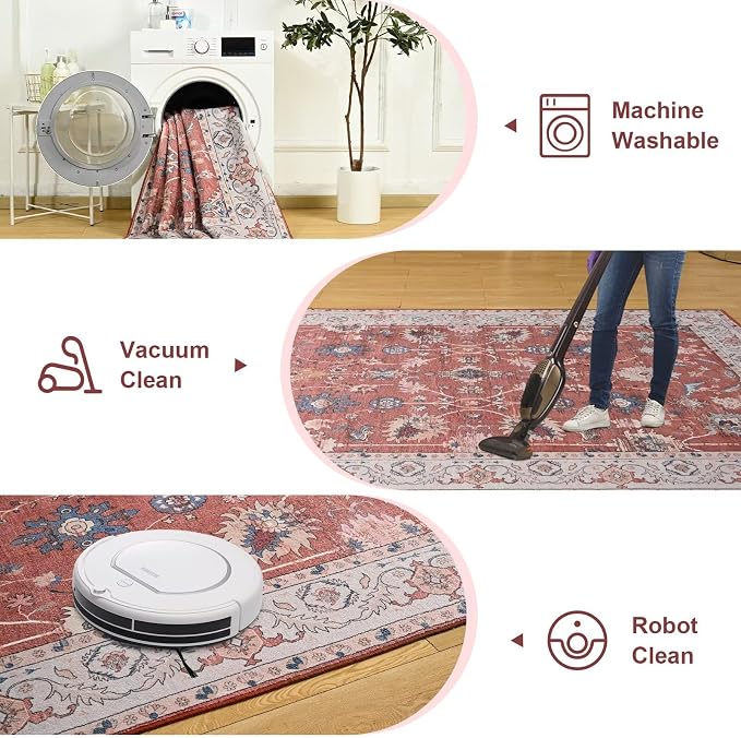 Vasofe 5x7 Rug for Bedroom, Washable Living Room Rugs for Dining Room, Red Indoor Floor Mat, Vintage Floral Mats for Home Decor, Farmhouse, Laundry Room, Non Slip Low Pile Soft Modern Carpet