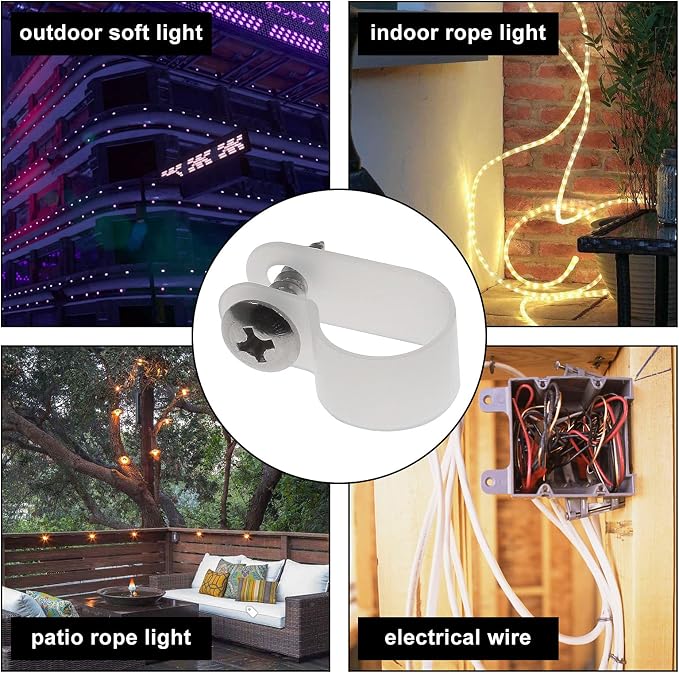 Bonsicoky 1/2 Inch Rope Light P-Style Clips, 50Pcs | With Screws, Cable Clip Wire Clamp, Cable Organizer Cord Holder, For Wire Management