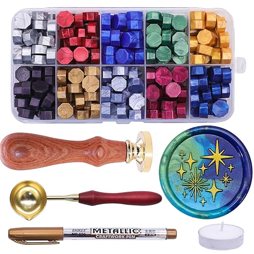 SWANGSA Star Wax Seal Stamp with 200pcs Sealing Wax Beads Kit, Great for Embellishment of Wedding Invitations, Wine Packages, Gift Wraps