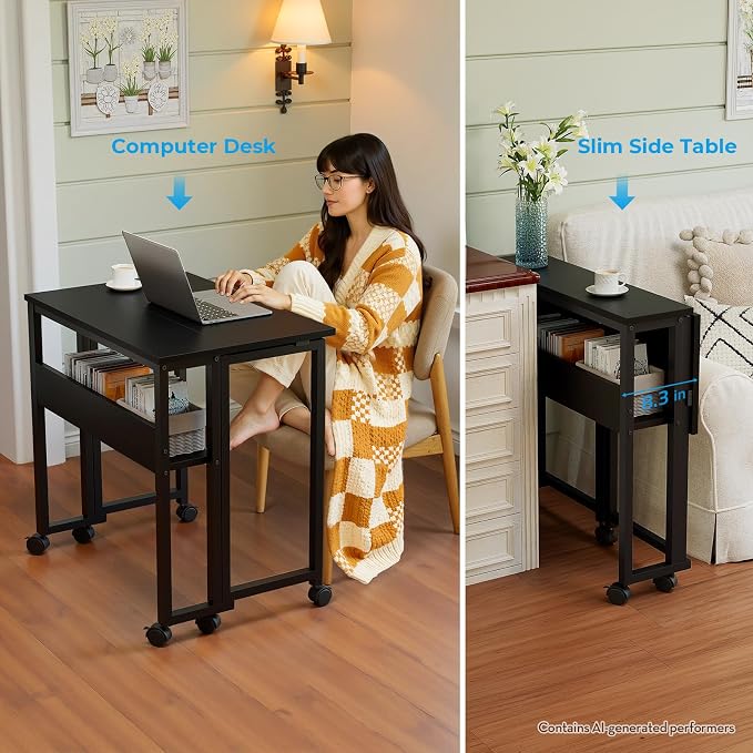GreenForest Folding Desk with Wheels, 31.5 Inch Compact Rolling Computer Table with Storage Shelf, Portable Mobile Workstation for Small Spaces, Easy Assembly, Black