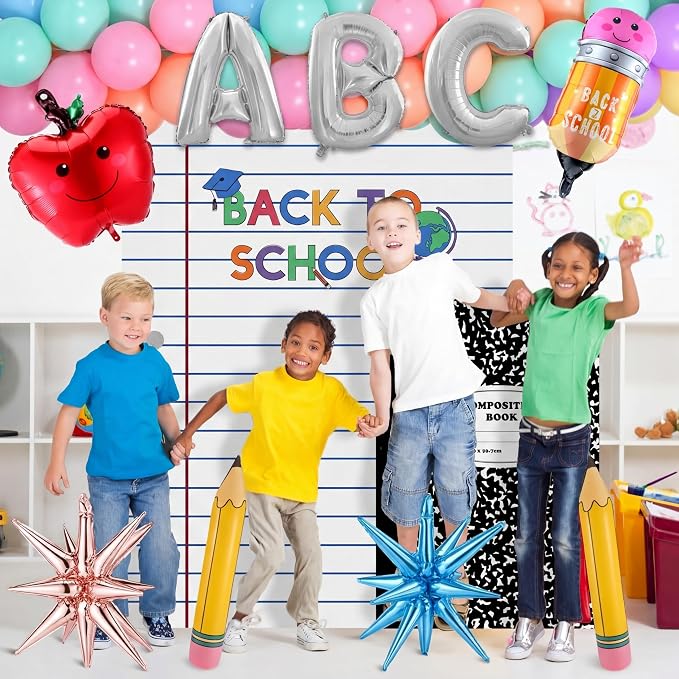 Hahafelt 161 Pcs Back to School Party Decorations Pastel Balloons Garland Arch Kit with Large Composition Notebook Backdrop Abc Crayon Pencil Balloons for First Day of School Classroom Party Supplies