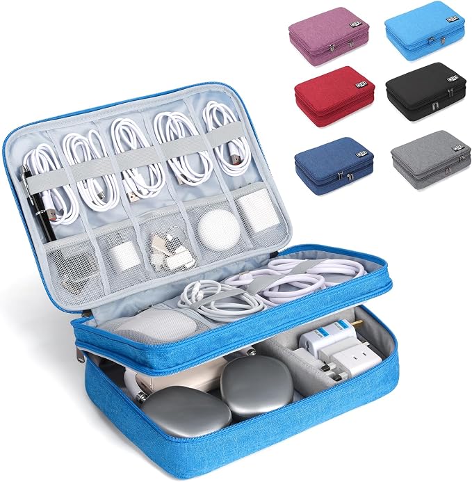 Large Electronic Organizer Travel Case, Double Layer Tech Accessories Bag with 3 DIY Adjustable Dividers, Waterproof Padded Cable Storage Pouch for Camera Gear, Power Bank, Hard Drive, Mouse