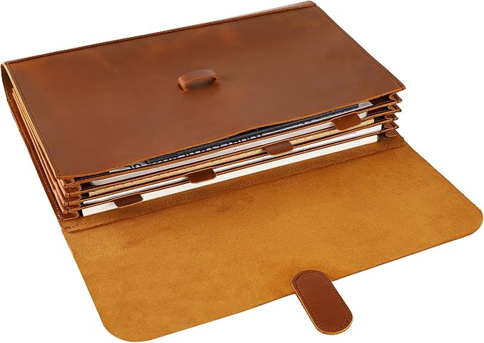 Genuine Leather File Folder, Accordian File Organizer, Leather Document Holder Resume Folio for Men & Women-Brown-Custom