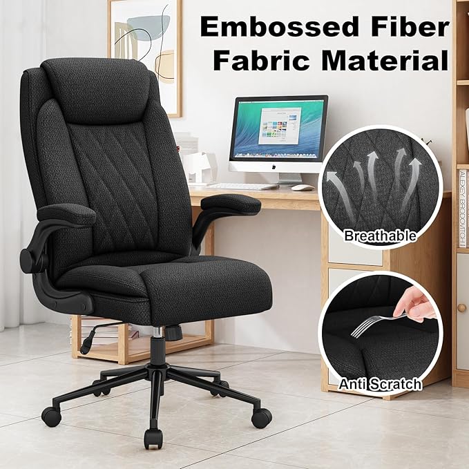 ralex-chair Big and Tall Fabric Office Chair 500lbs with Flip Up Arms | High Back Office Desk Chair with 120° Tilt Rock,Computer Desk Chair with Adjustable Height- Black