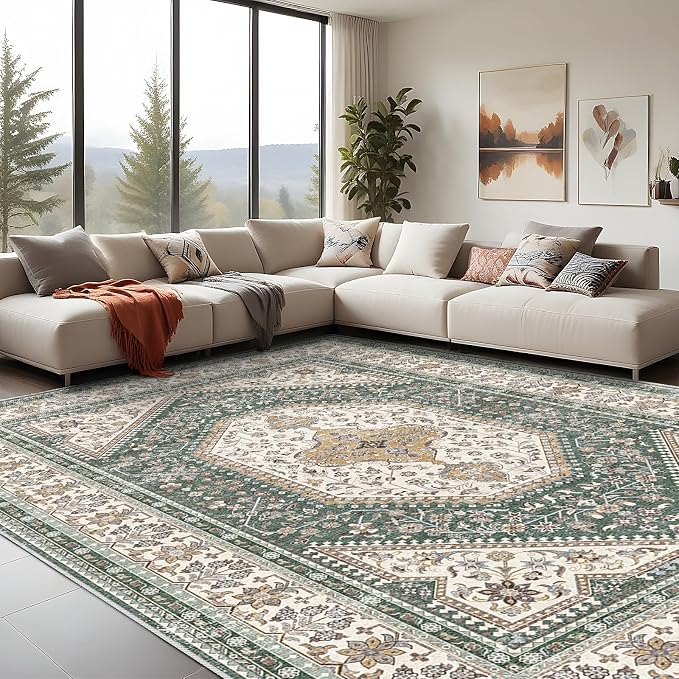Puino 10x14 Washable Vintage Rug: Oriental Rugs for Living Room Non Slip Backing Stain Resistant Large Indoor Carpet for Bedroom Area Rug Dining Room Decor(Green,10x14FT)