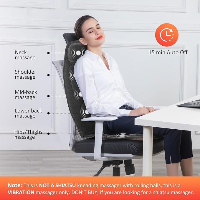 Snailax Vibration Back Massager with Heat, Massage Chair Pad,Black | 【Gift for Men Women】10 Vibration Motors, 5 Massage Modes, Adjustable 3 Intensity, Gentle Heating, Timer