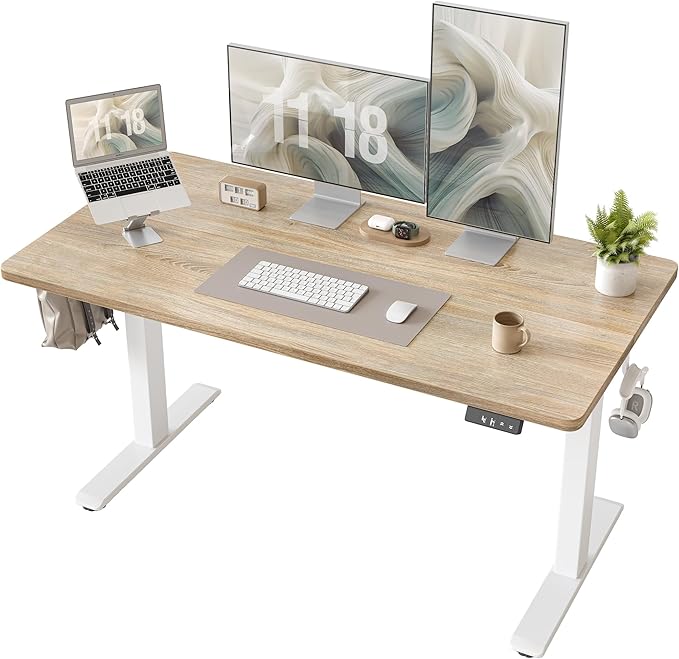 TIQLAB Electric Height Adjustable Standing Desk 47.2×23.6 inch, Sit Stand Desk for Work, Study, Memory Controller, White Frame & Maple Top Computer Workstation for Home Office