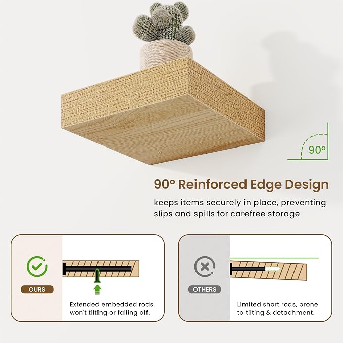 Marsmiles Square Floating Shelves for Wall, 8" W x 8" D x 1.25" H, 3 Pack Small Wall Mounted Engineered Wood Shelves with Invisible Brackets for Living Room, Bedroom, Bathroom, Kitchen Decor, Oak