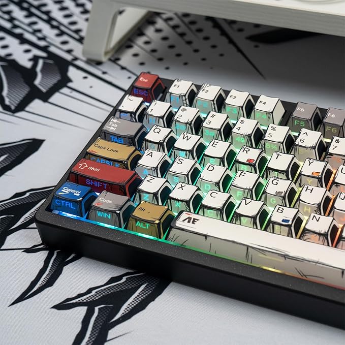 Japanese Manga Keycaps, PBT Side Printed Keycaps, Retro Custom Cherry Profile Keycap Set, 128 Keys Cool Anime Key Caps for 60%, 65%, 75%, 100% Cherry MX Switches Mechanical Keyboard