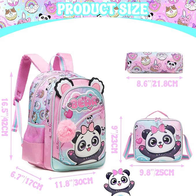 Meetbelify Backpack for Girls Cute Panda School Bag with Lunch Box for Elementary Student Kids Bookbag for Girls 8-10