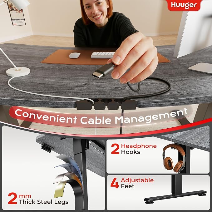 Huuger Electric Standing Desk with Power Outlets and USB-C Port, 55 X 24 Inch Height Adjustable Desk, Sit Stand Desk for Home Office, Computer & Gaming Desk with 4 Presets, Stable Steel Frame, Grey