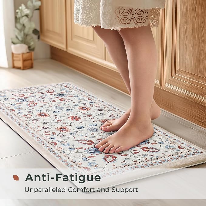 FRESHMINT Vintage Floral Kitchen Mats 2 Piece, 17x30''+17x47'', Beige | Anti-Fatigue, Non Slip, Comfort, Kitchen Decor, Easy to Clean, Waterproof, Perfect for Kitchen, Laundry, Office