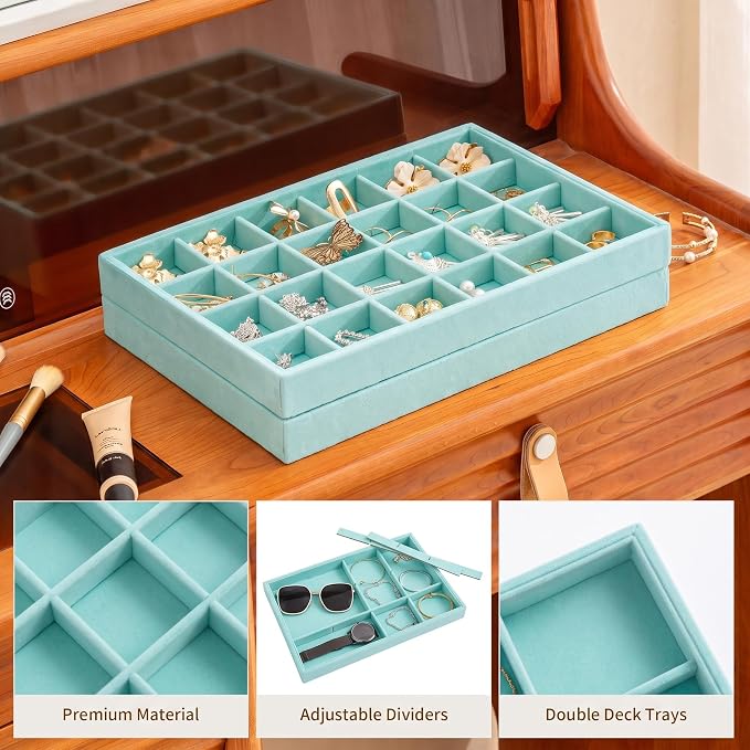 Jewelry Trays for Drawer,Set of 2 Jewelry Organizer and Storage | Velvet Material,Stackable,Adjustable Dividers,Drawer Inserts for Rings Studs Bracelet,Earring Organizer for Women Girls