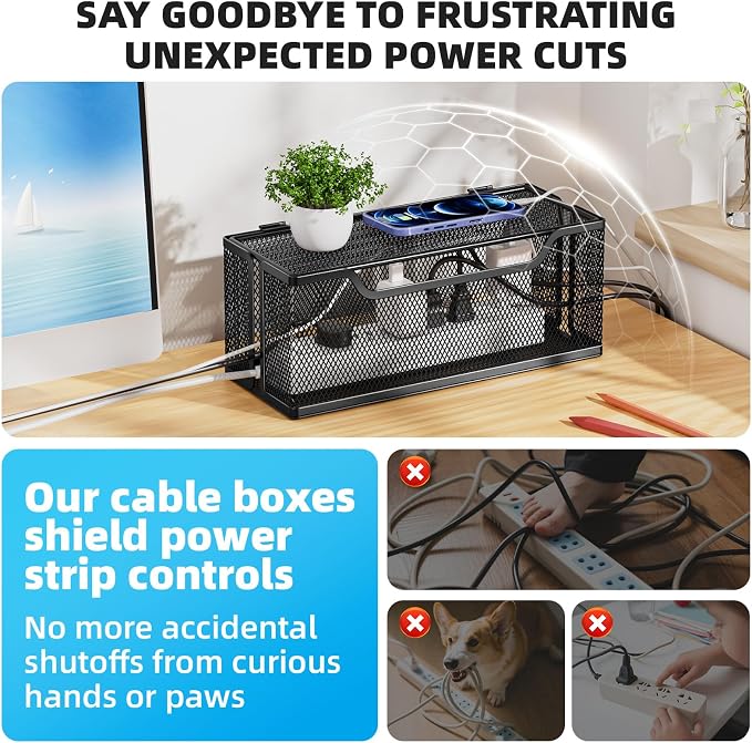 Marbrasse 3 Pack Cable Management Box, Metal Mesh Cord Organizer Box for TV Wires, Electrical Hiding, Power Strip – Under Desk Cable Storage Box with Cable Clips&Reusable Cable Ties for Home/Office